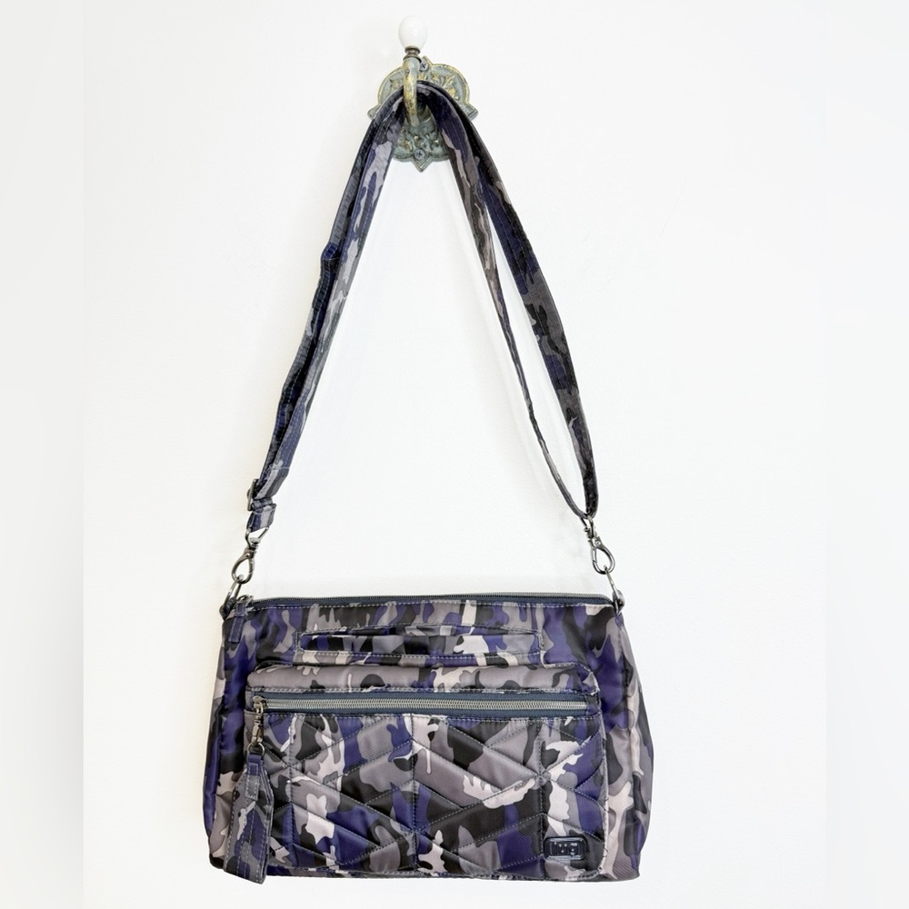 Lug Stretch Crossbody Bag Navy Blue Sateen Camouflage RFID Travel Practical